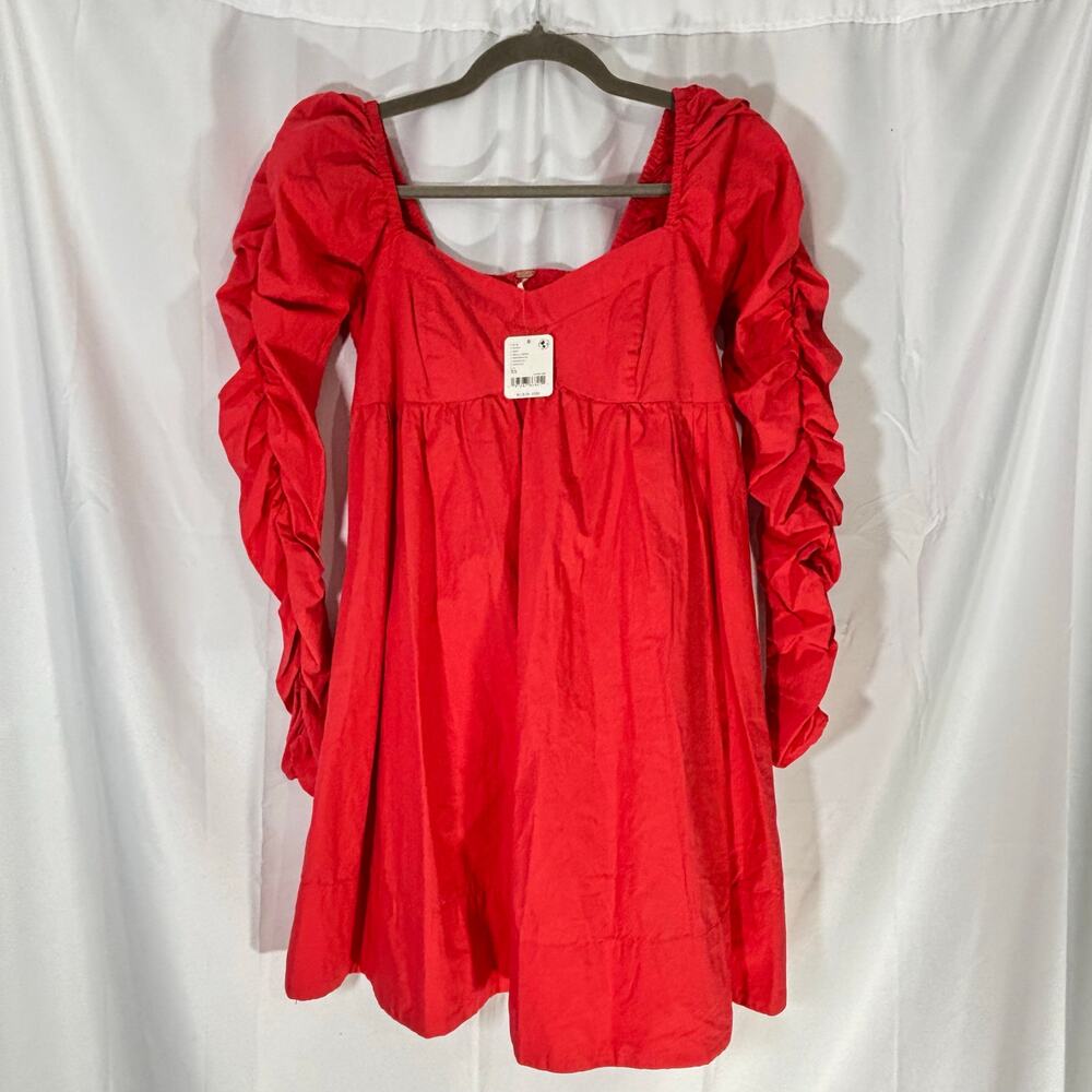 NWT Free People Lindsay Rose Babydoll Dress Red Ruched Puff Sleeves XS - Picture 2 of 7